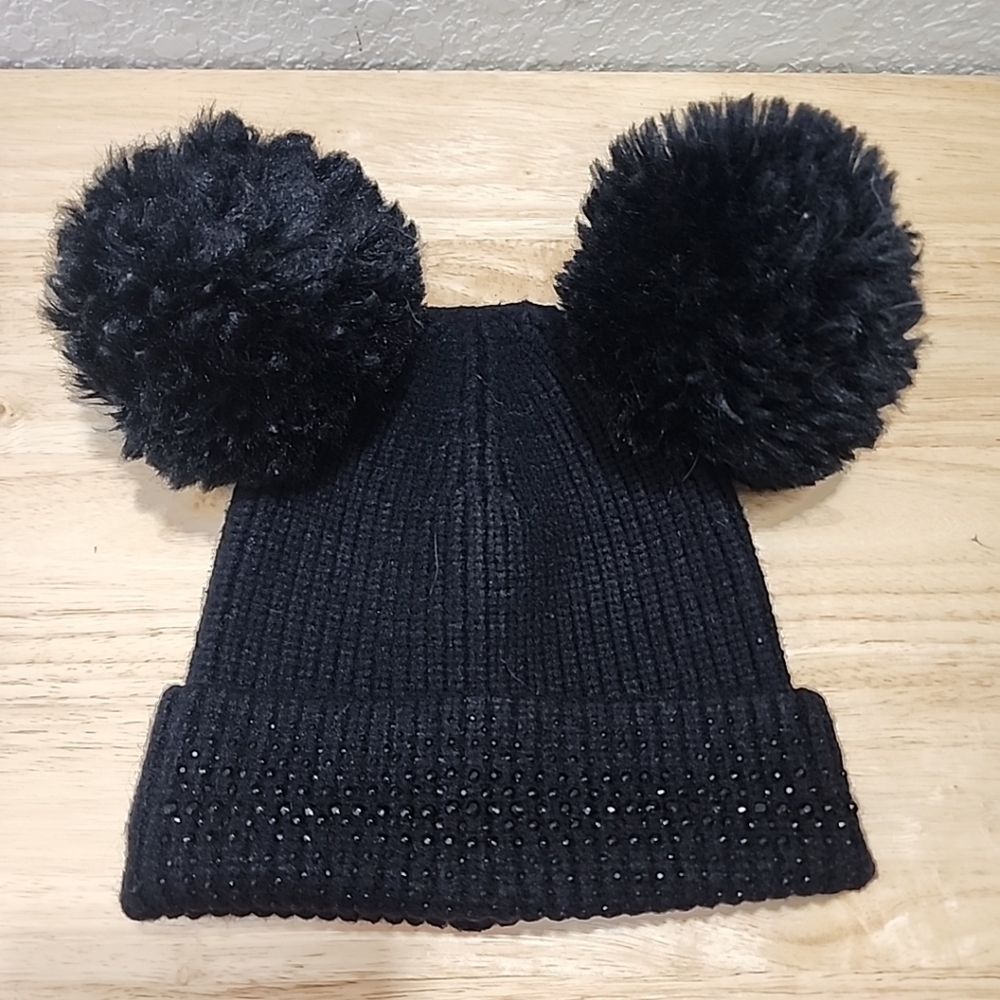 TASHA Baby Beanie Black With Pom Pom And Rhinestone.